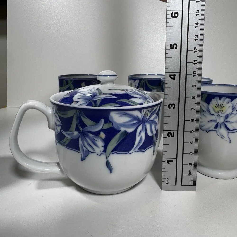 Vintage Arita Yaki Japanese Porcelain Kyusu Yunomi Tea Set Royal Iris Blue White